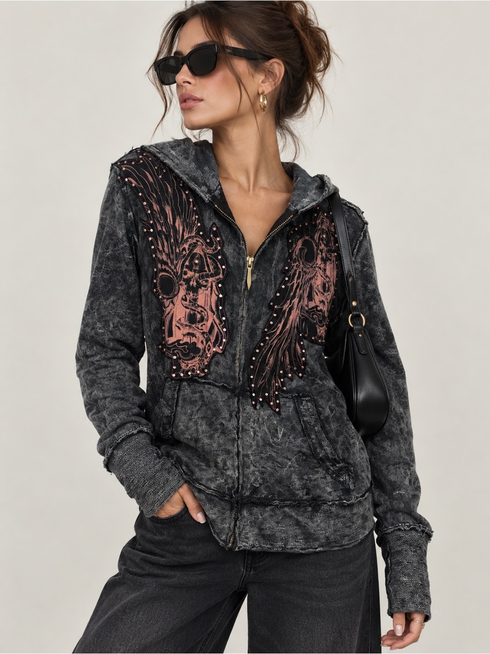 Deceiver Graphic Zip Hoodie Sweater L Black Distressed Y2K Gothic Grunge